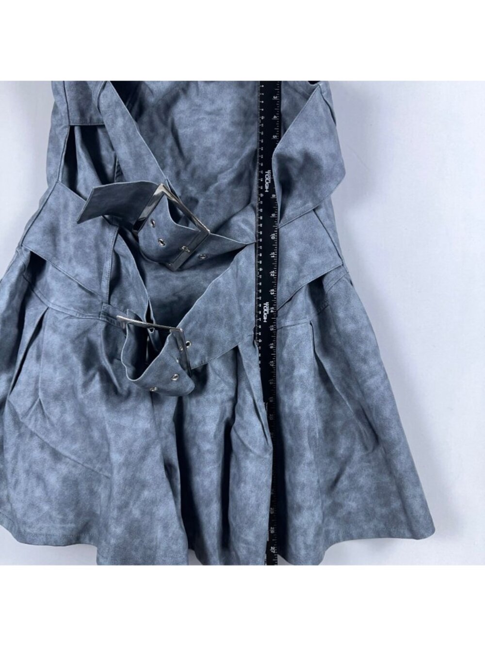Fashion Nova Dress 2X Pia Faux Leather Mini Slate Blue Belt Back Zipper Closure - Picture 9 of 10